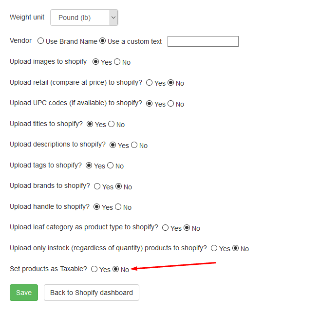 Shopify taxable products option